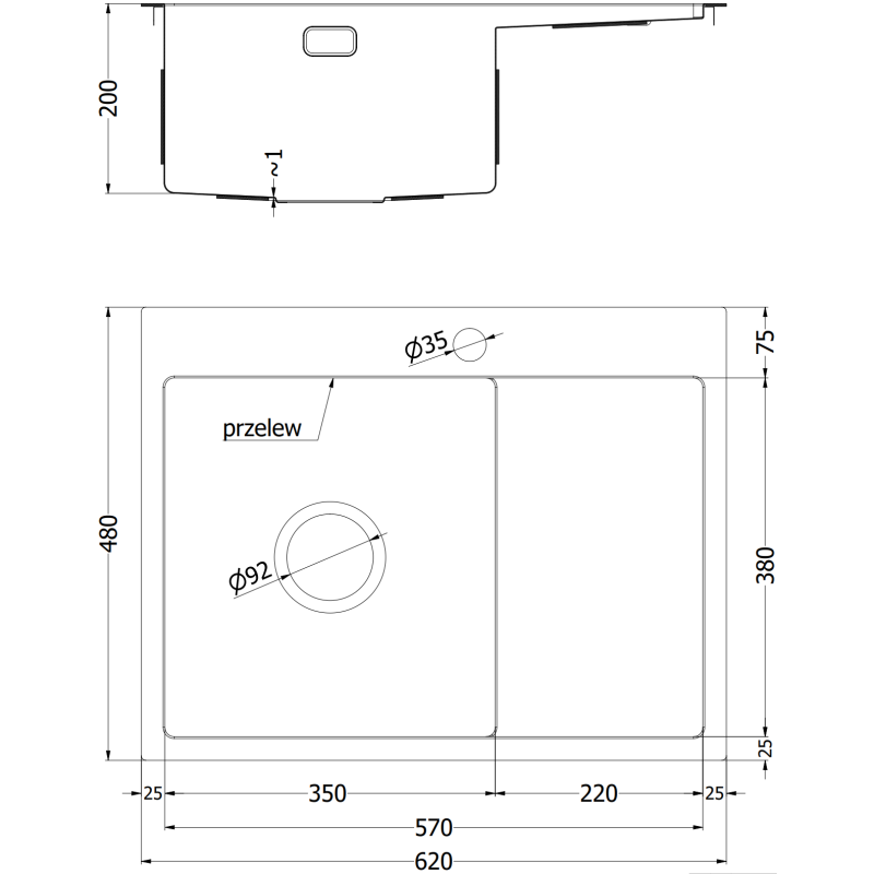 Mexen Exar Évier en acier inoxydable 1 bac avec égouttoir, gauche 620 x 480 mm, cuivre - 6431621005L-65
