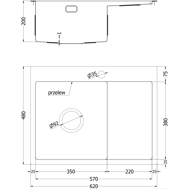 Mexen Exar évier en acier inoxydable 1 bac avec égouttoir, à droite 620 x 480 mm, cuivre HC - 6432621005P-65HC