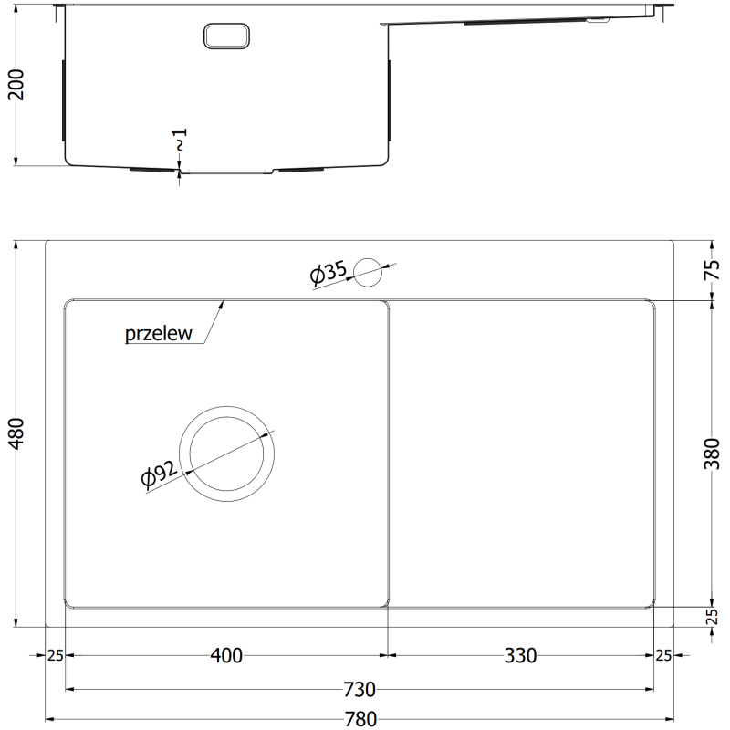 Mexen Exar évier en acier inoxydable à 1 bac avec égouttoir, gauche 780 x 480 mm, inox - 6433781010L-01