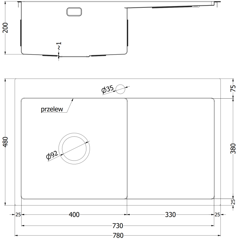 Mexen Exar Évier en acier inoxydable 1 bac avec égouttoir, gauche 780 x 480 mm, inox HC - 6433781010L-01HC