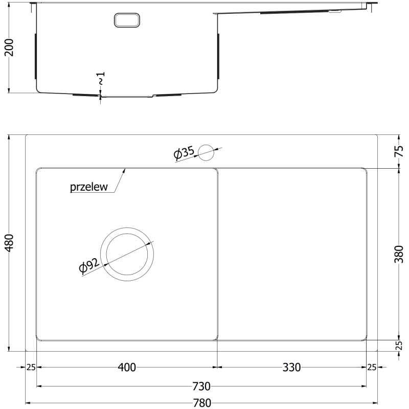 Mexen Exar évier en acier inoxydable 1 bac avec égouttoir, gauche 780 x 480 mm, cuivre HC - 6433781010L-65HC