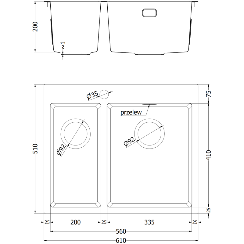 Mexen Flexo évier en acier inoxydable 1,5 bac 610 x 510 mm, noir - 6446611500-70