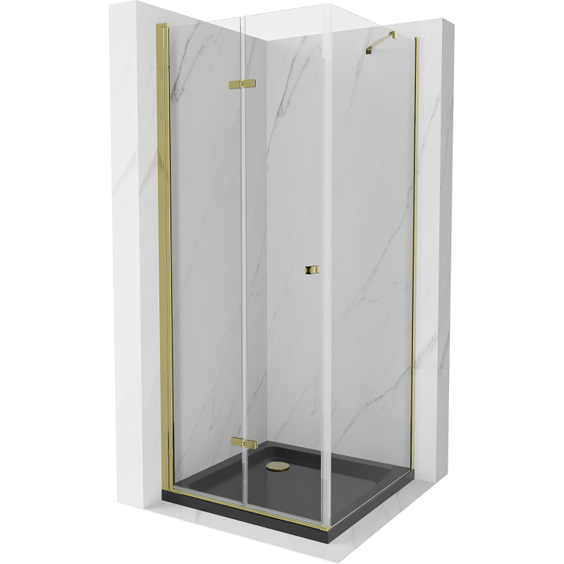 Mexen Lima cabine de douche pliante 80 x 80 cm, transparent, dorée + receveur Flat, noir - 856-080-080-50-00-4070G