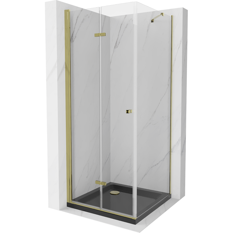 Mexen Lima cabine de douche pliante 80 x 80 cm, transparente, dorée + receveur de douche Flat, noir - 856-080-080-50-00-4070G
