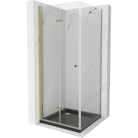 Mexen Lima cabine de douche pliante 80 x 80 cm, transparent, dorée + receveur Flat, noir - 856-080-080-50-00-4070G