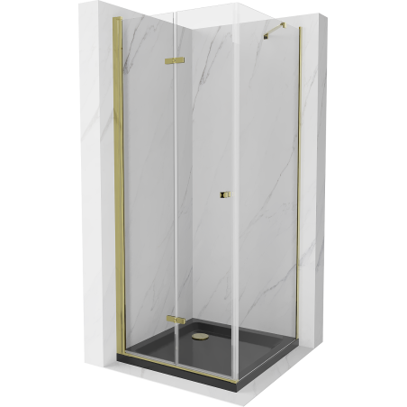 Mexen Lima cabine de douche pliante 90 x 90 cm, transparente, dorée + receveur de douche Flat, noir - 856-090-090-50-00-4070G