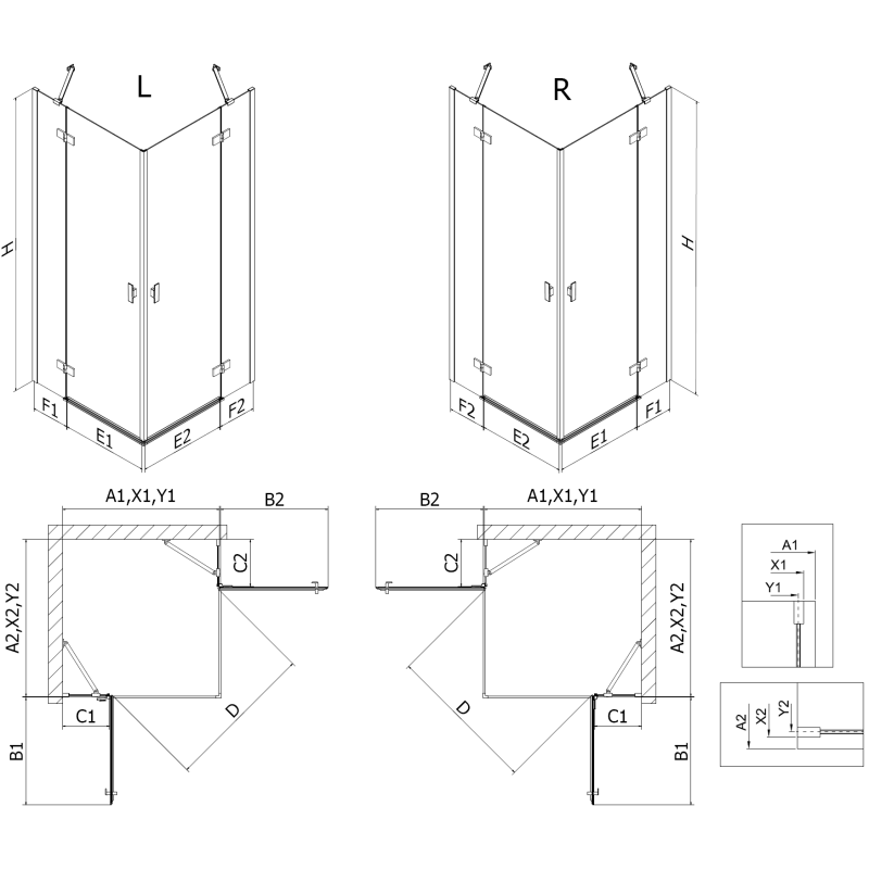 Mexen Mist-H Duo cabine de douche pivotante 70 x 70 cm, transparent, cuivre brossé - 8A5-070L-070P-65-00