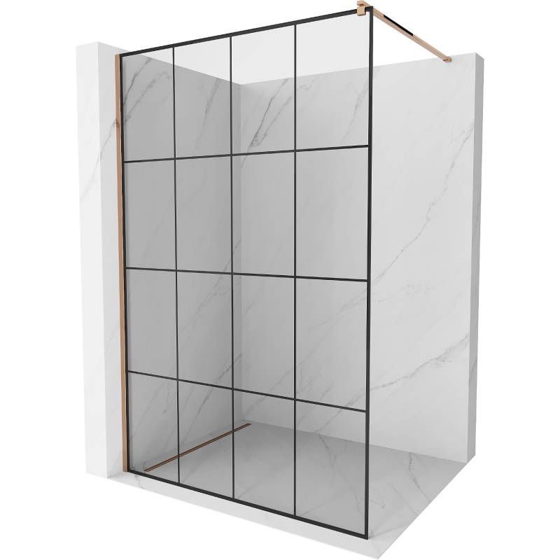 Mexen Kioto Paroi de douche Walk-in 140 x 200 cm, grille noire 8 mm, or rose - 800-140-101-60-77