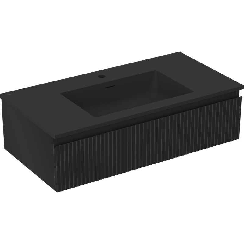 Mexen Rivel armoire de salle de bain 90 cm avec lavabo Otis, 1 tiroir, rainuré, noir mat - 91A20-09023-1-BF71-W18M71