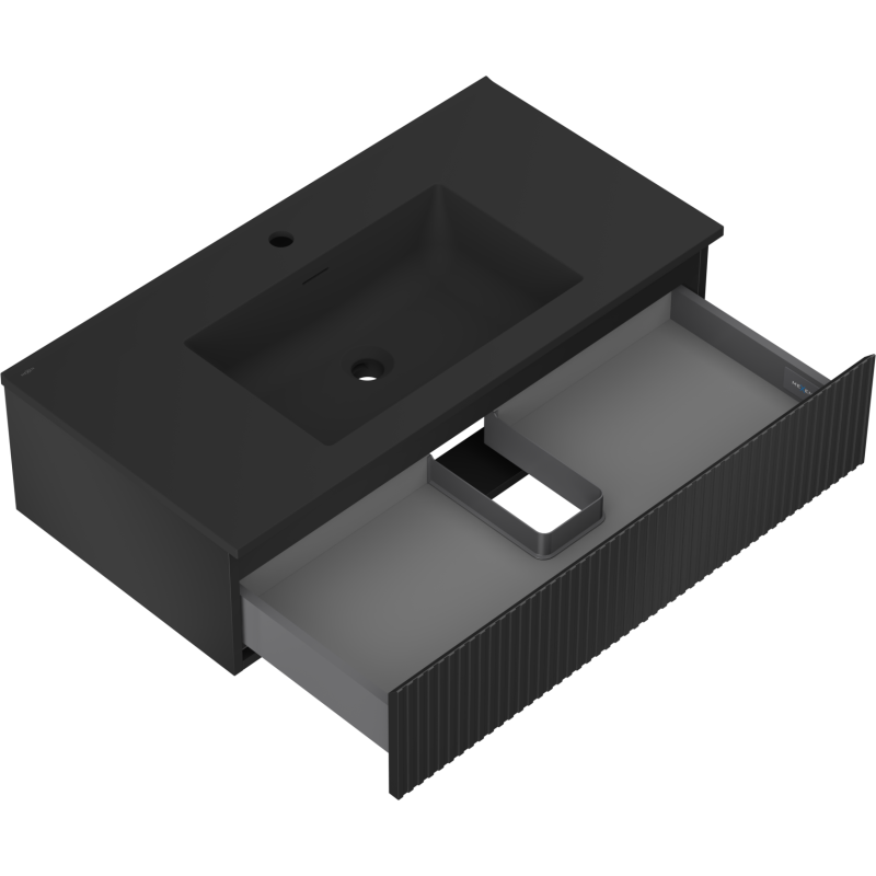 Mexen Rivel meuble de salle de bain 90 cm avec lavabo Otis, 1 tiroir, rainuré, noir mat - 91A20-09023-1-BF71-W18M71