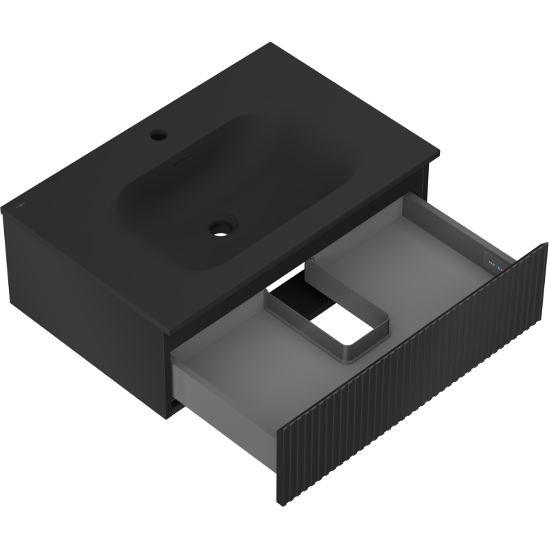 Mexen Rivel meuble de salle de bain 70 cm avec lavabo Vela, 1 tiroir, rainuré, noir mat - 91A20-07023-1-BF71-W23M71