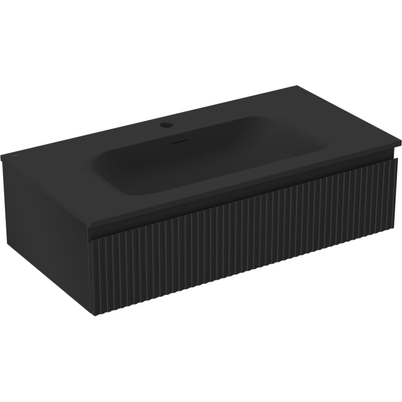 Mexen Rivel meuble de salle de bains 90 cm avec lavabo Vela, 1 tiroir, rainuré, noir mat - 91A20-09023-1-BF71-W23M71