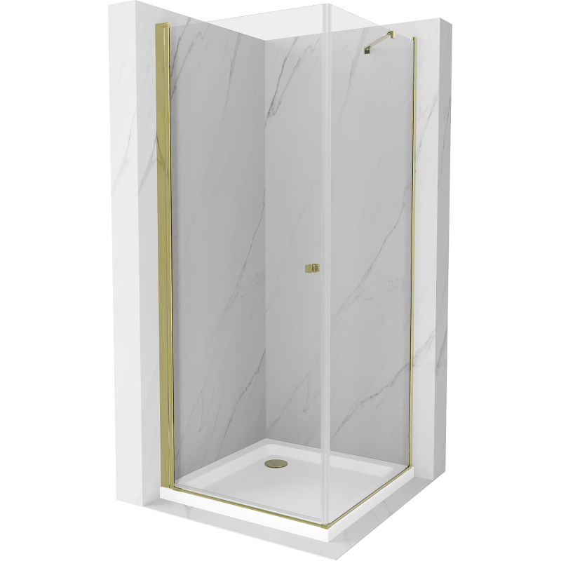 Mexen Pretoria cabine de douche battante 90 x 90 cm, transparente, dorée + receveur de douche Flat - 852-090-090-50-00-4010