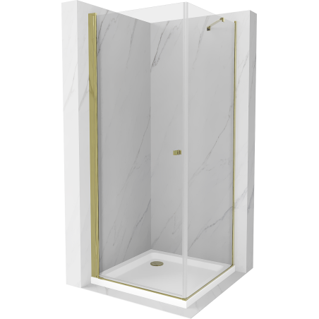 Mexen Pretoria cabine de douche battante 90 x 90 cm, transparente, dorée + receveur de douche Flat - 852-090-090-50-00-4010