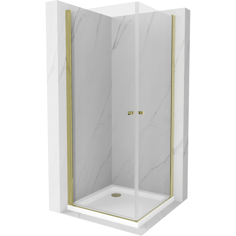 Mexen Pretoria Cabine de douche duo à charnière 80 x 80 cm, transparente, dorée + bac à douche plat
