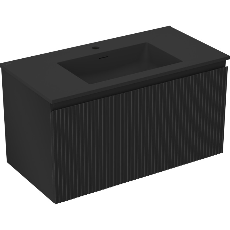Mexen Rivel armoire de salle de bain 90 cm avec lavabo Otis, 1 tiroir, rainuré, noir mat - 91A20-09047-1-BF71-W18M71