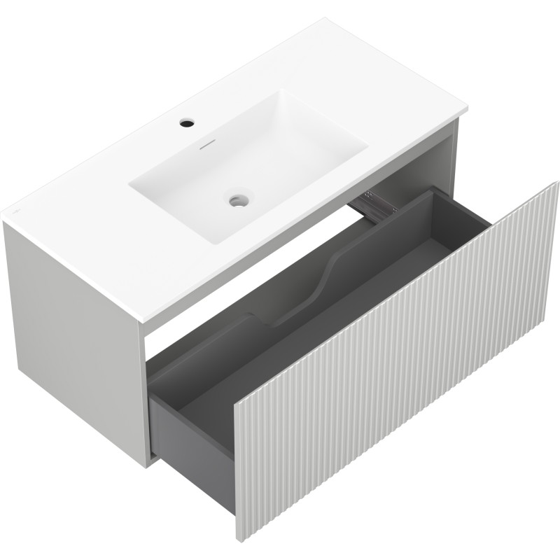Mexen Rivel armoire de salle de bains 100 cm avec lavabo Otis, 1 tiroir, rainuré, gris mat / blanc mat
