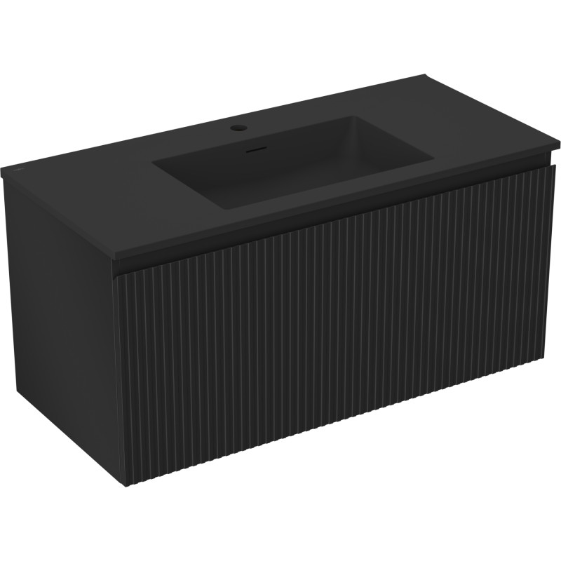 Mexen Rivel meuble de salle de bain 100 cm avec lavabo Otis, 1 tiroir, rainuré, noir mat - 91A20-10047-1-BF71-W18M71