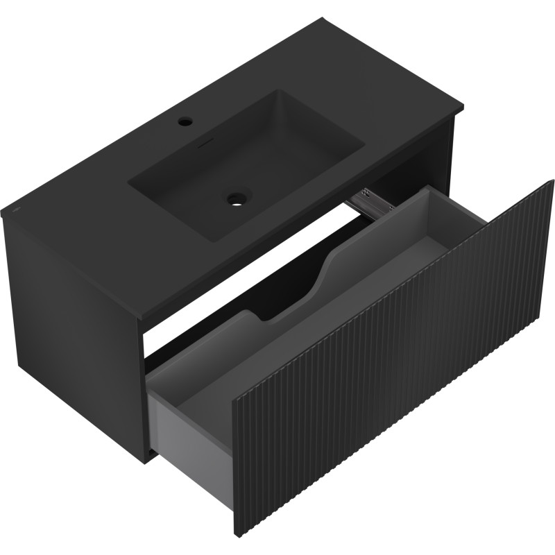 Mexen Rivel meuble de salle de bain 100 cm avec lavabo Otis, 1 tiroir, rainuré, noir mat - 91A20-10047-1-BF71-W18M71