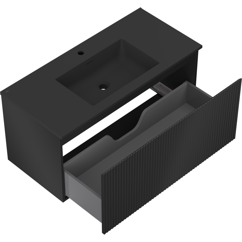 Mexen Rivel meuble de salle de bains 100 cm avec lavabo Otis, 1 tiroir, rainuré, noir mat - 91A20-10047-1-BF71-W18M71