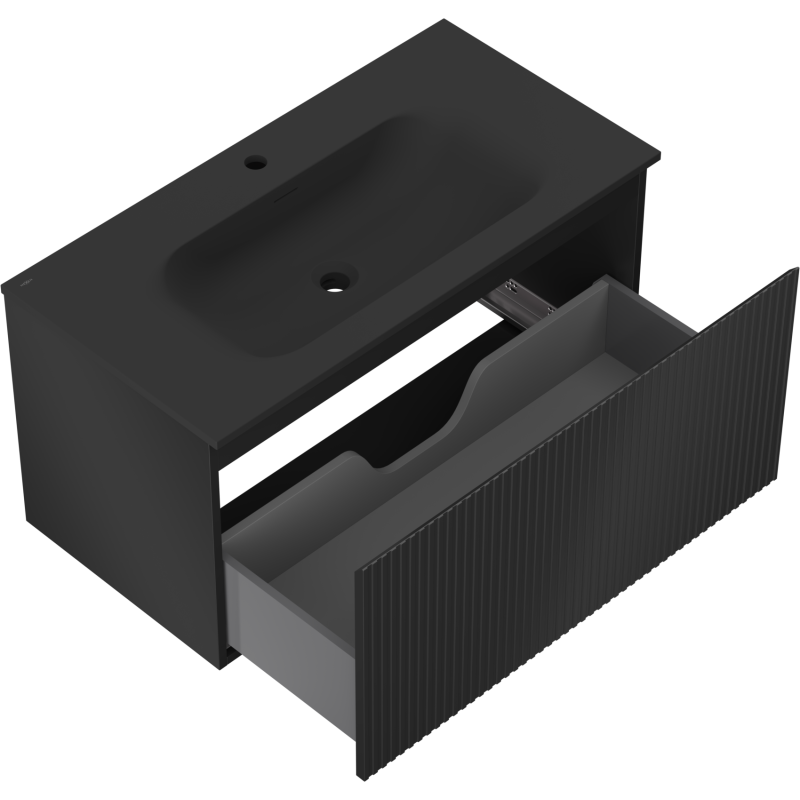 Mexen Rivel armoire de salle de bain 90 cm avec lavabo Vela, 1 tiroir, rainuré, noir mat - 91A20-09047-1-BF71-W23M71
