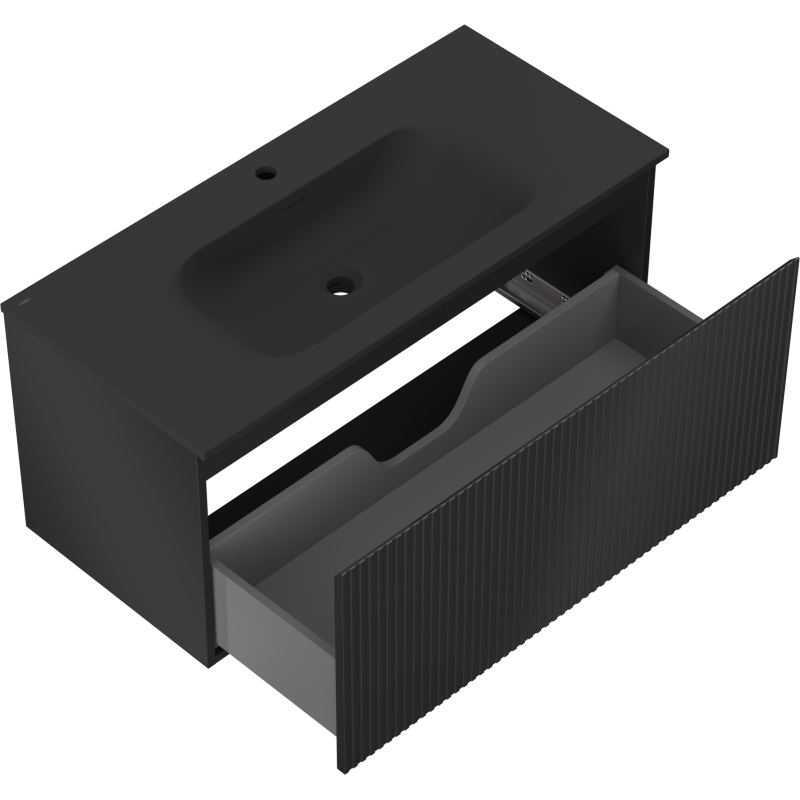 Mexen Rivel meuble de salle de bain 100 cm avec lavabo Vela, 1 tiroir, rainuré, noir mat - 91A20-10047-1-BF71-W23M71