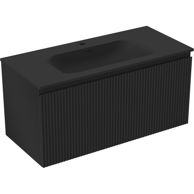 Mexen Rivel meuble de salle de bain 100 cm avec lavabo Vela, 1 tiroir, rainuré, noir mat - 91A20-10047-1-BF71-W23M71
