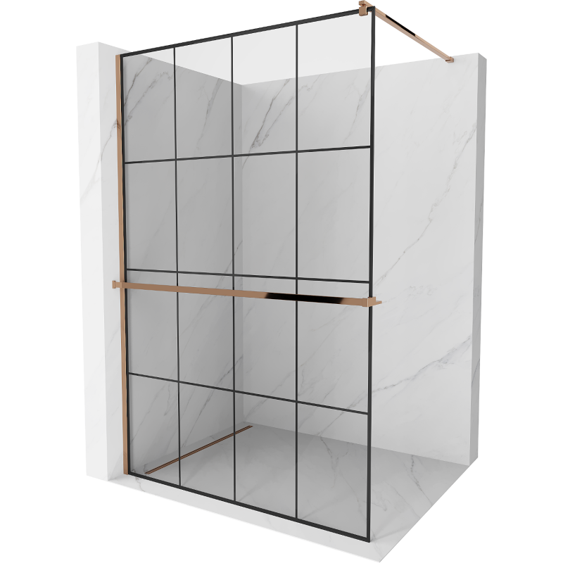 Mexen Kioto+ paroi de douche avec étagère Walk-in 140 x 200 cm, grille noire, or rose - 800-140-121-60-77