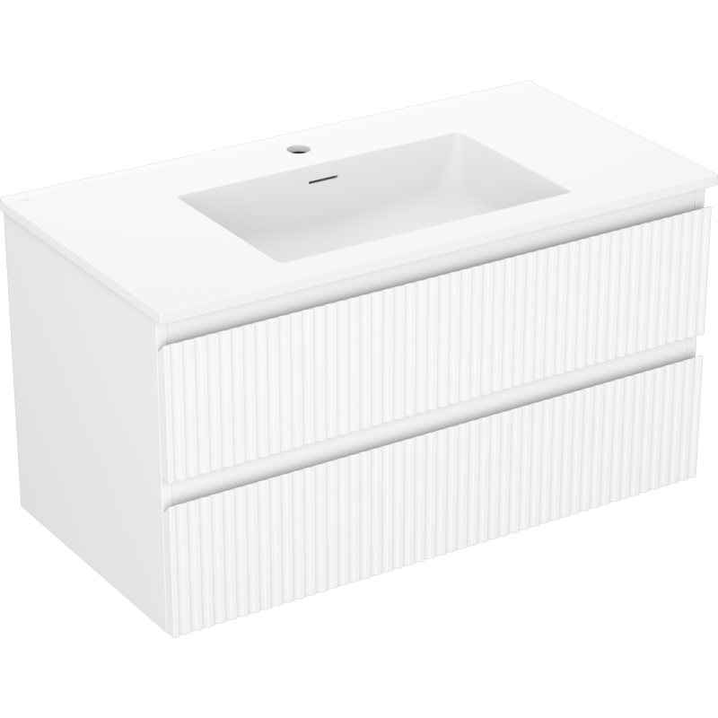 Mexen Rivel meuble de salle de bain 90 cm avec lavabo Otis, 2 tiroirs, rainuré, blanc mat - 91A20-09047-2-BFF01-W18M01