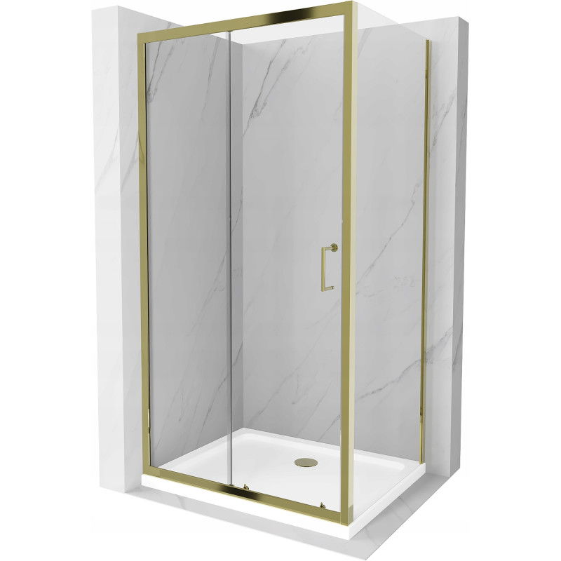 Mexen Apia cabine de douche coulissante 100 x 80 cm, transparent, dorée + receveur plat, blanc- 840-100-080-50-00-4010G