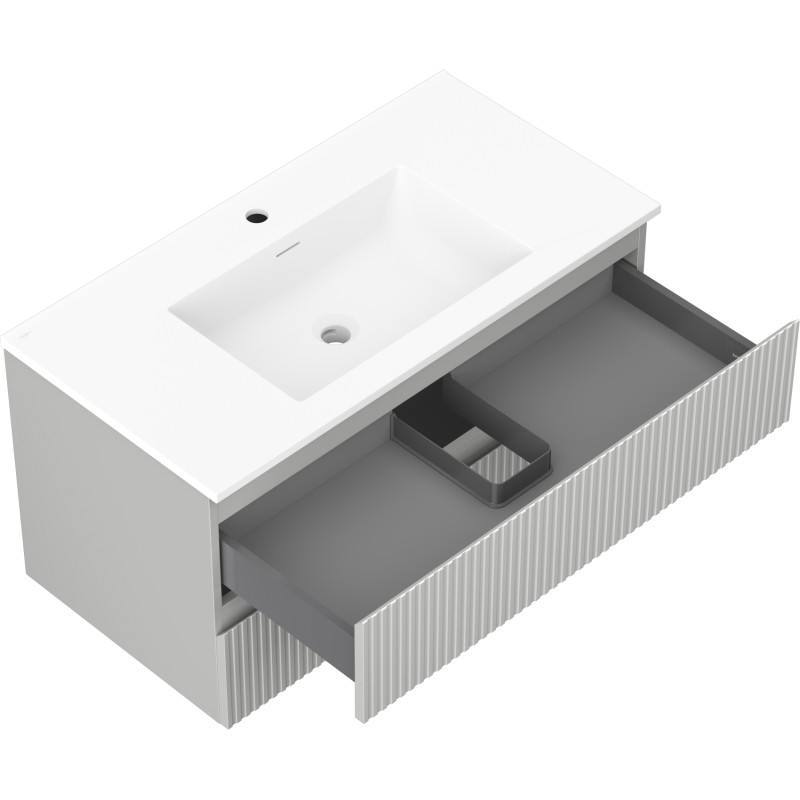 Mexen Rivel armoire de salle de bains 90 cm avec lavabo Otis, 2 tiroirs, rainurée, gris mat/blanc mat