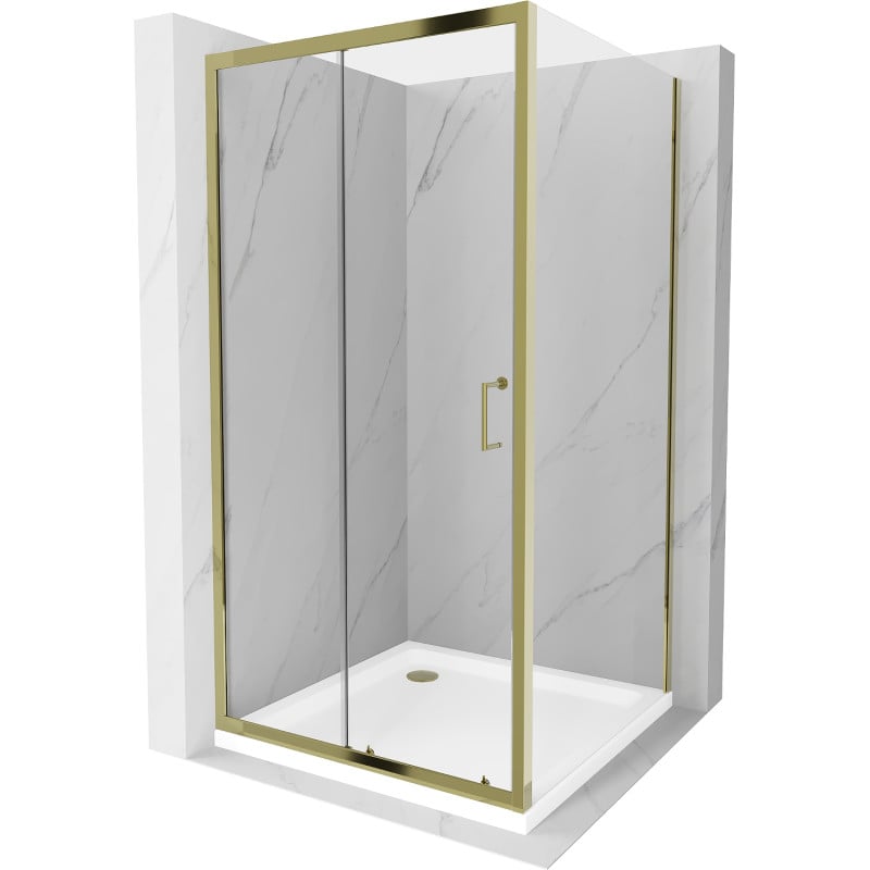 Mexen Apia cabine de douche coulissante 100 x 100 cm, transparent, dorée + receveur Flat, blanc- 840-100-100-50-00-4010G