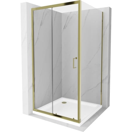 Mexen Apia cabine de douche coulissante 100 x 100 cm, transparent, dorée + receveur Flat, blanc- 840-100-100-50-00-4010G