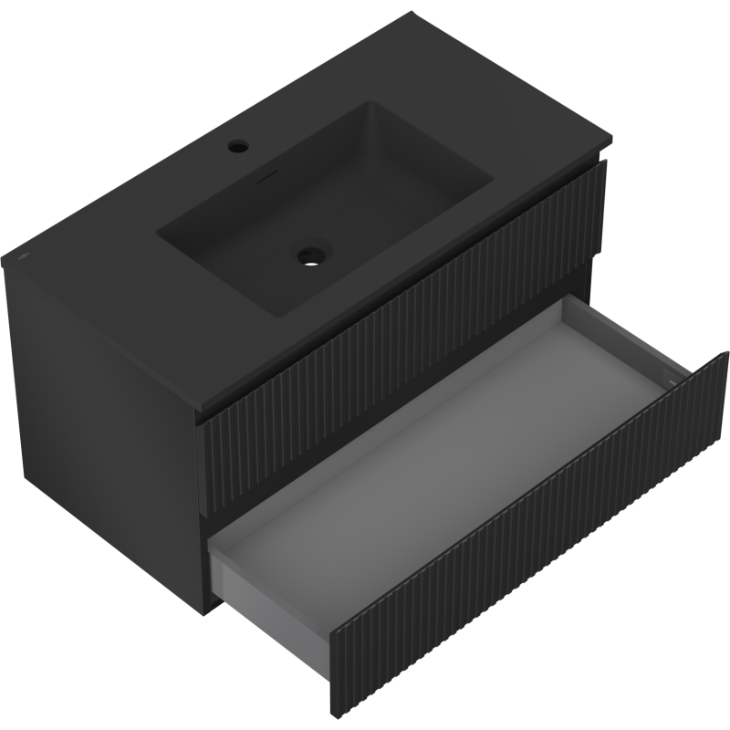 Mexen Rivel meuble de salle de bain 90 cm avec lavabo Otis, 2 tiroirs, rainuré, noir mat - 91A20-09047-2-BFF71-W18M71