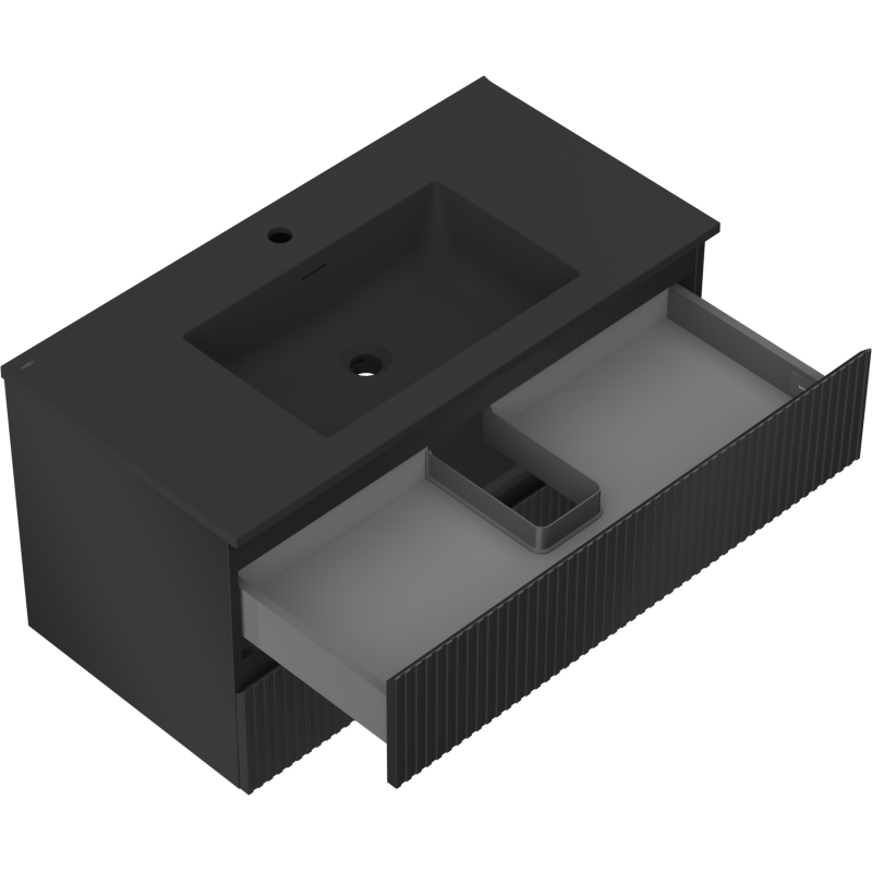 Mexen Rivel meuble de salle de bain 90 cm avec lavabo Otis, 2 tiroirs, rainuré, noir mat - 91A20-09047-2-BFF71-W18M71