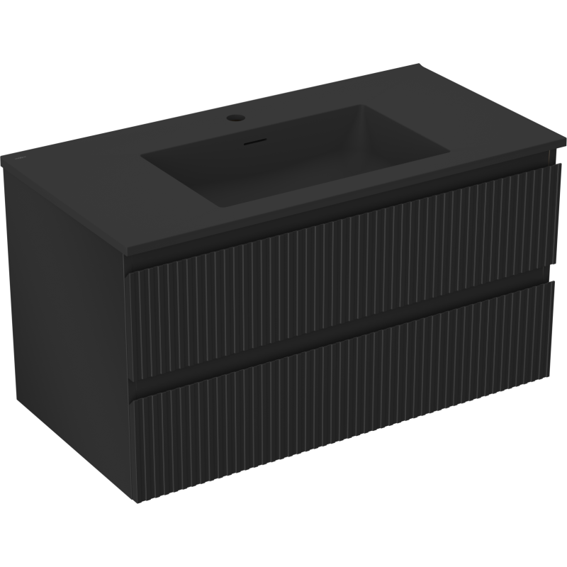 Mexen Rivel meuble de salle de bain 90 cm avec lavabo Otis, 2 tiroirs, rainuré, noir mat - 91A20-09047-2-BFF71-W18M71