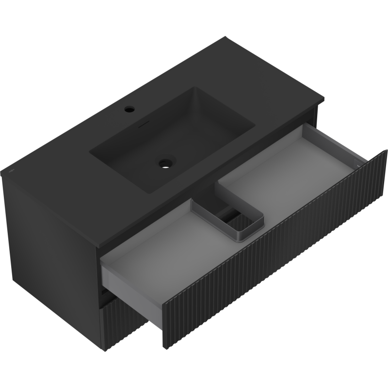 Mexen Rivel meuble de salle de bain 100 cm avec lavabo Otis, 2 tiroirs, rainuré, noir mat - 91A20-10047-2-BFF71-W18M71