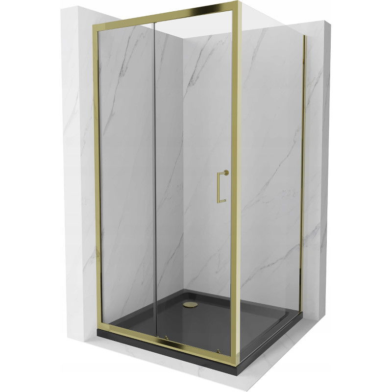 Mexen Apia cabine de douche coulissante 100 x 100 cm, transparent, or + receveur Flat, noir - 840-100-100-50-00-4070G