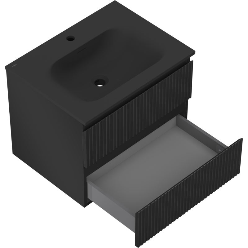 Mexen Rivel meuble de salle de bain 60 cm avec lavabo Vela, 2 tiroirs, rainuré, noir mat - 91A20-06047-2-BFF71-W23M71