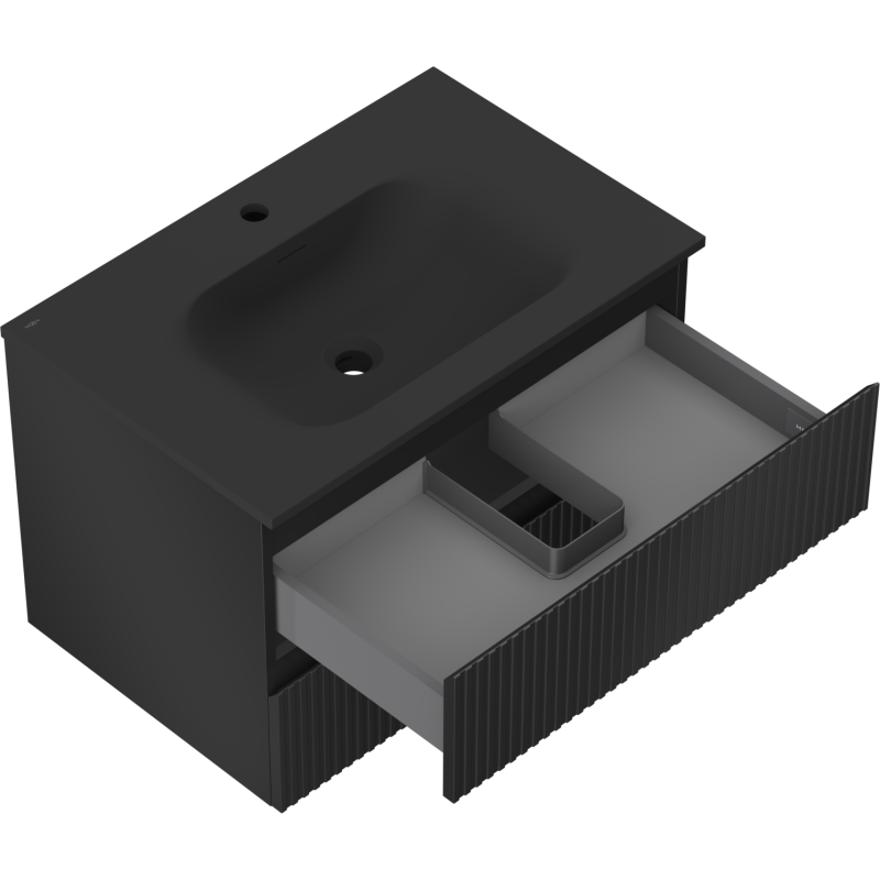 Mexen Rivel meuble de salle de bains 70 cm avec lavabo Vela, 2 tiroirs, rainuré, noir mat - 91A20-07047-2-BFF71-W23M71