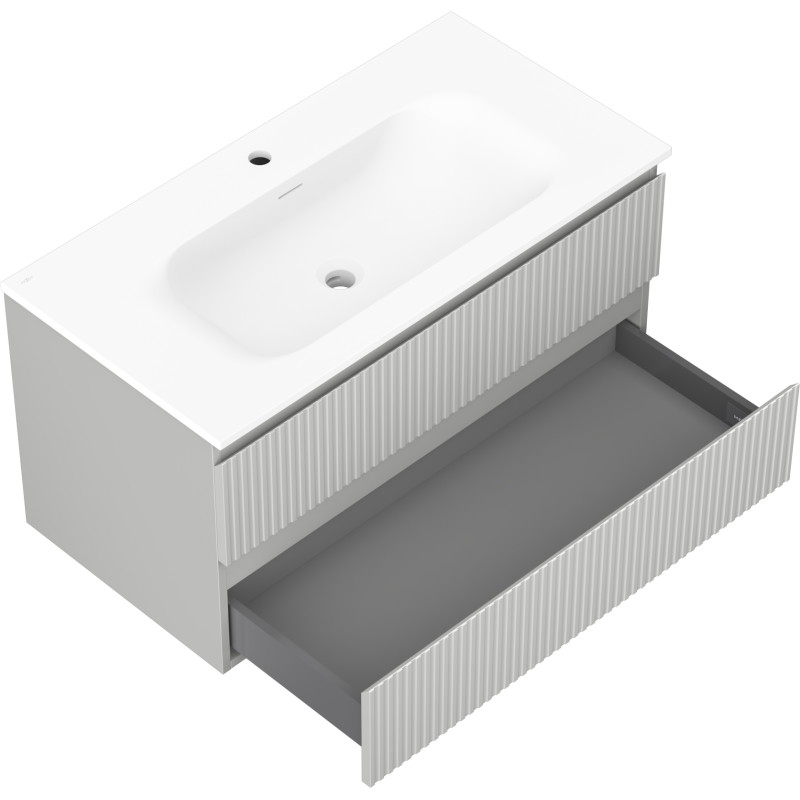 Mexen Rivel armoire de salle de bain 90 cm avec lavabo Vela, 2 tiroirs, rainurée, gris mat/blanc mat