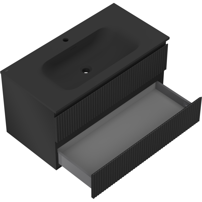 Mexen Rivel meuble de salle de bain 90 cm avec lavabo Vela, 2 tiroirs, cannelé, noir mat - 91A20-09047-2-BFF71-W23M71