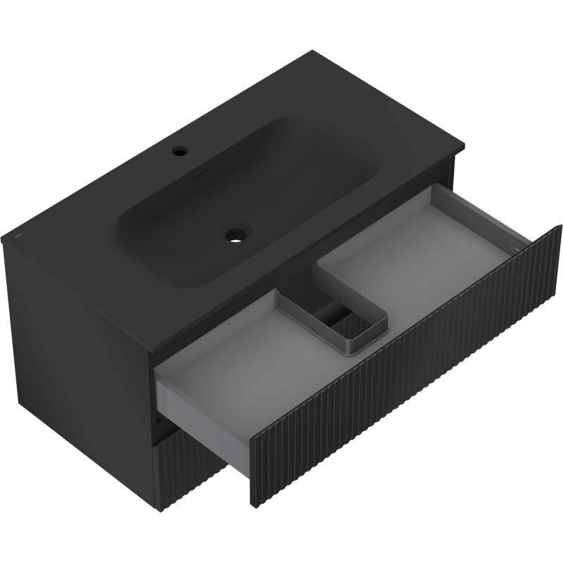 Mexen Rivel meuble de salle de bain 90 cm avec lavabo Vela, 2 tiroirs, cannelé, noir mat - 91A20-09047-2-BFF71-W23M71