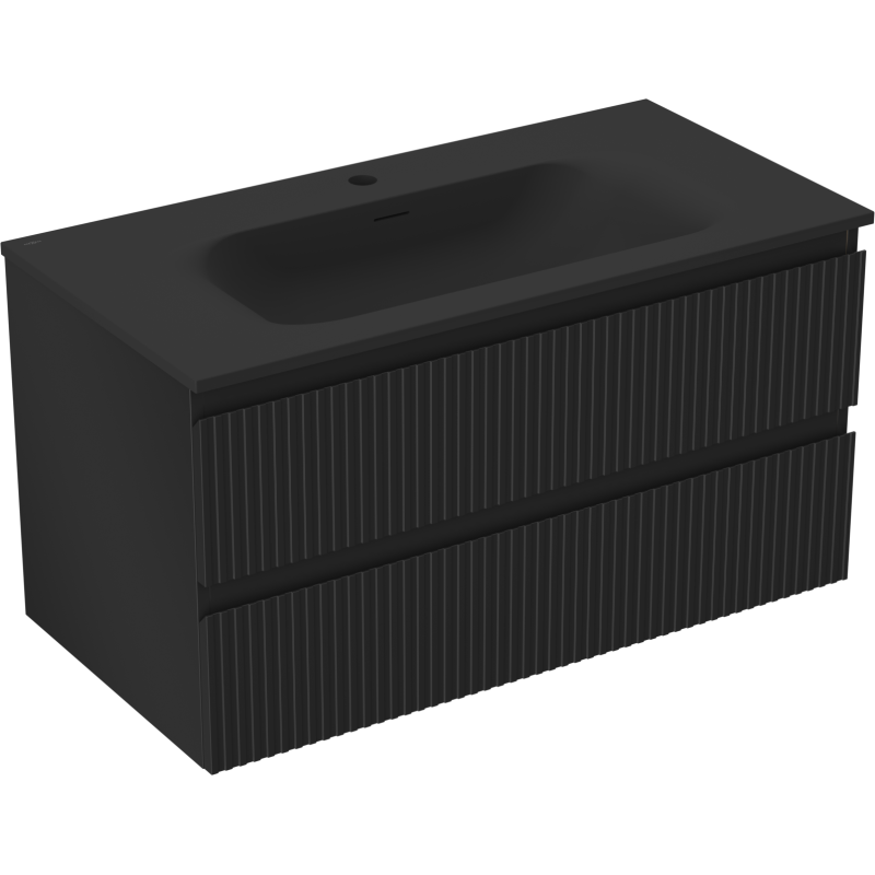 Mexen Rivel meuble de salle de bain 90 cm avec lavabo Vela, 2 tiroirs, cannelé, noir mat - 91A20-09047-2-BFF71-W23M71