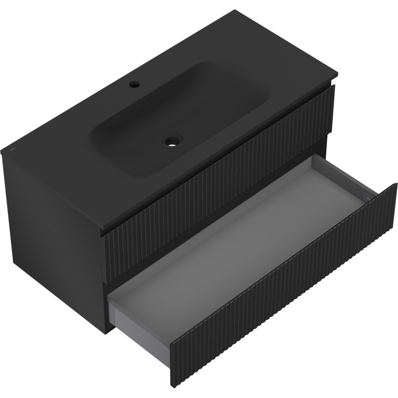 Mexen Rivel armoire de salle de bain 100 cm avec lavabo Vela, 2 tiroirs, rainurée, noire mate - 91A20-10047-2-BFF71-W23M71