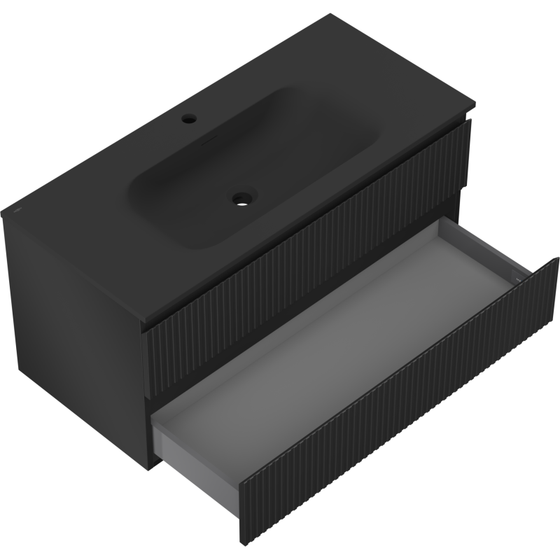 Mexen Rivel meuble de salle de bain 100 cm avec lavabo Vela, 2 tiroirs, rainuré, noir mat - 91A20-10047-2-BFF71-W23M71