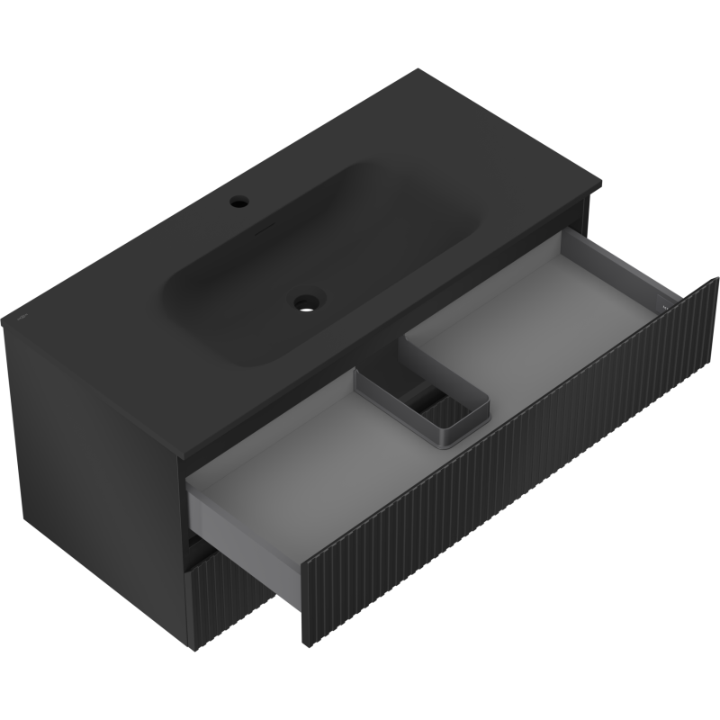 Mexen Rivel meuble de salle de bain 100 cm avec lavabo Vela, 2 tiroirs, rainuré, noir mat - 91A20-10047-2-BFF71-W23M71