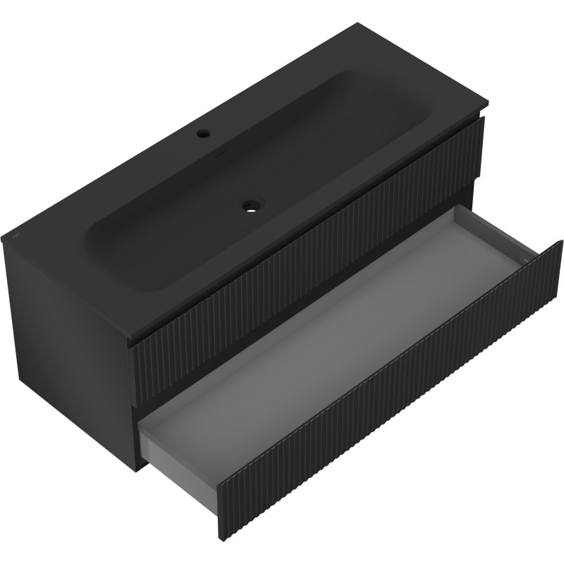 Mexen Rivel armoire de salle de bain 120 cm avec lavabo Vela, 2 tiroirs, cannelée, noir mat - 91A20-12047-2-BFF71-W23M71