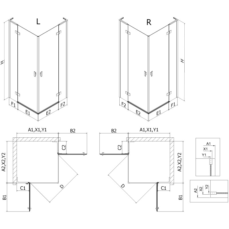 Mexen Mist-H L Duo cabine de douche pivotante droite 95 x 105 cm, transparente, or brossé - 8A5L-095L-105P-55-00