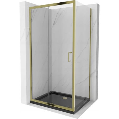 Mexen Apia cabine de douche coulissante 140 x 100 cm, transparent, doré + receveur Flat, noir - 840-140-100-50-00-4070G